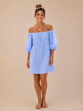 Soprano Blue Gingham Off Shoulder Puff Sleeve Dress Medium Lined